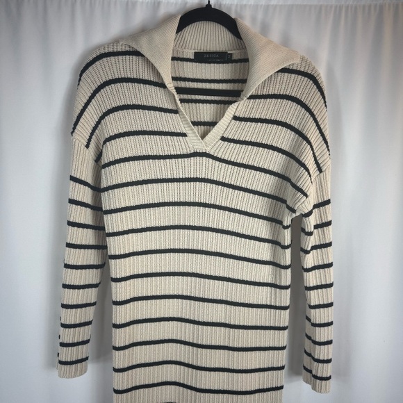 Zesica V -Neck Elegant Cream and Black Striped Long Sleeve Dress Size:M - Picture 3 of 15